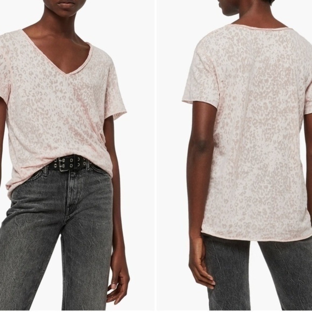 AllSaints Emelyn Leo Pink Leopard Print Burnout V-Neck Short Sleeve Tee Medium